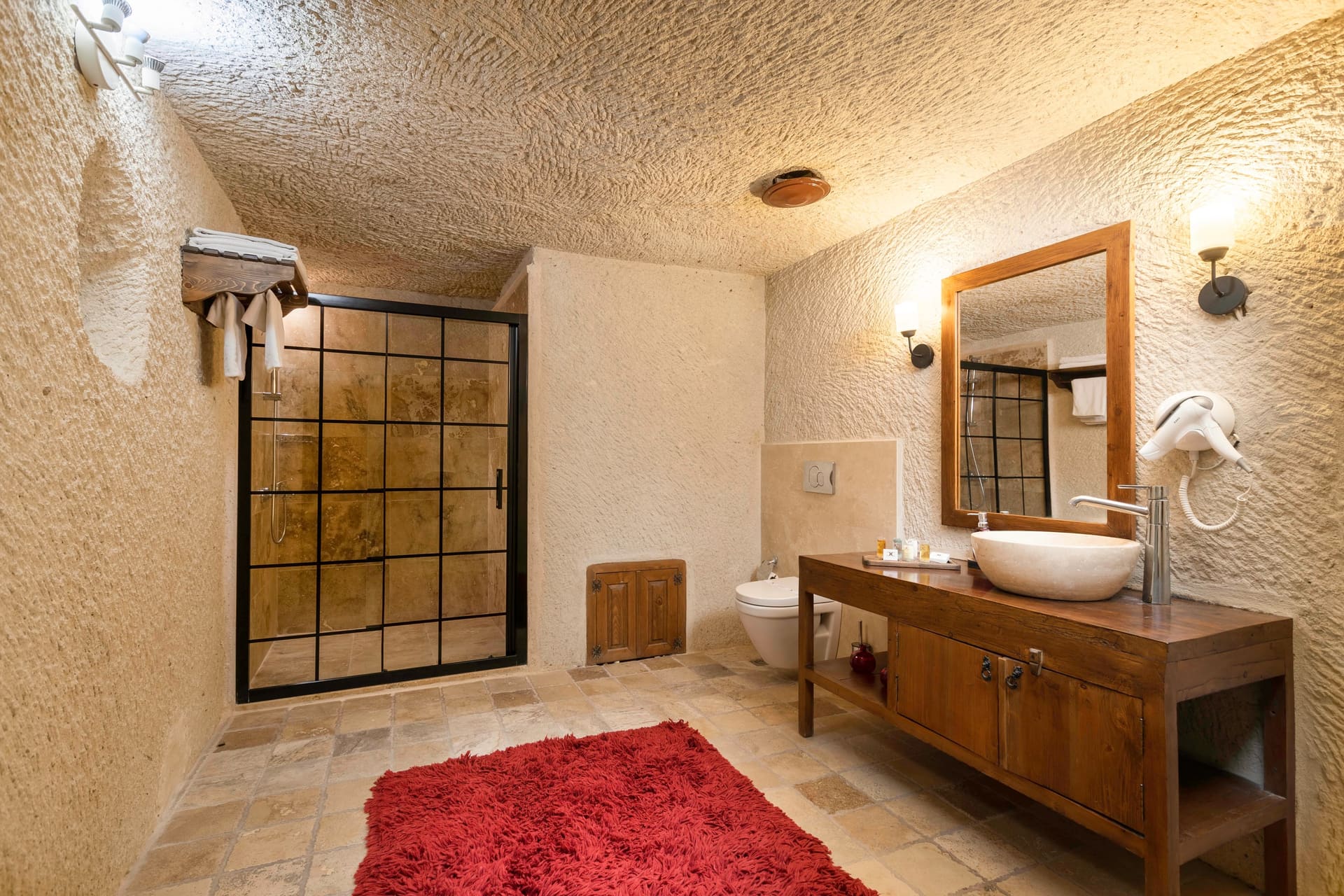 Room 115, Junior Cave Suite: bathroom with a glass shower stall, sink, toilet, red rug